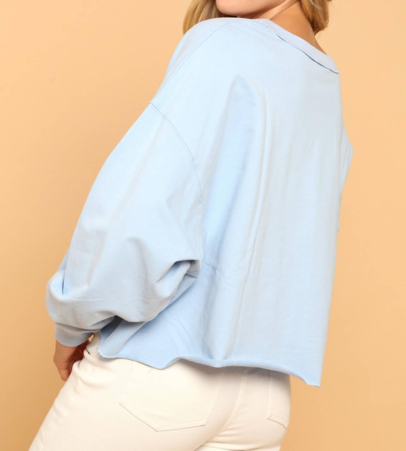 Peach Love Cowgirl Cropped Rhinestone Sweatshirt in baby blue - women's shirt - detail view
