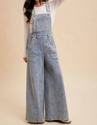 AnnieWear Wide Leg Palazzo Denim Overalls in medium wash - women's pants - alternate view