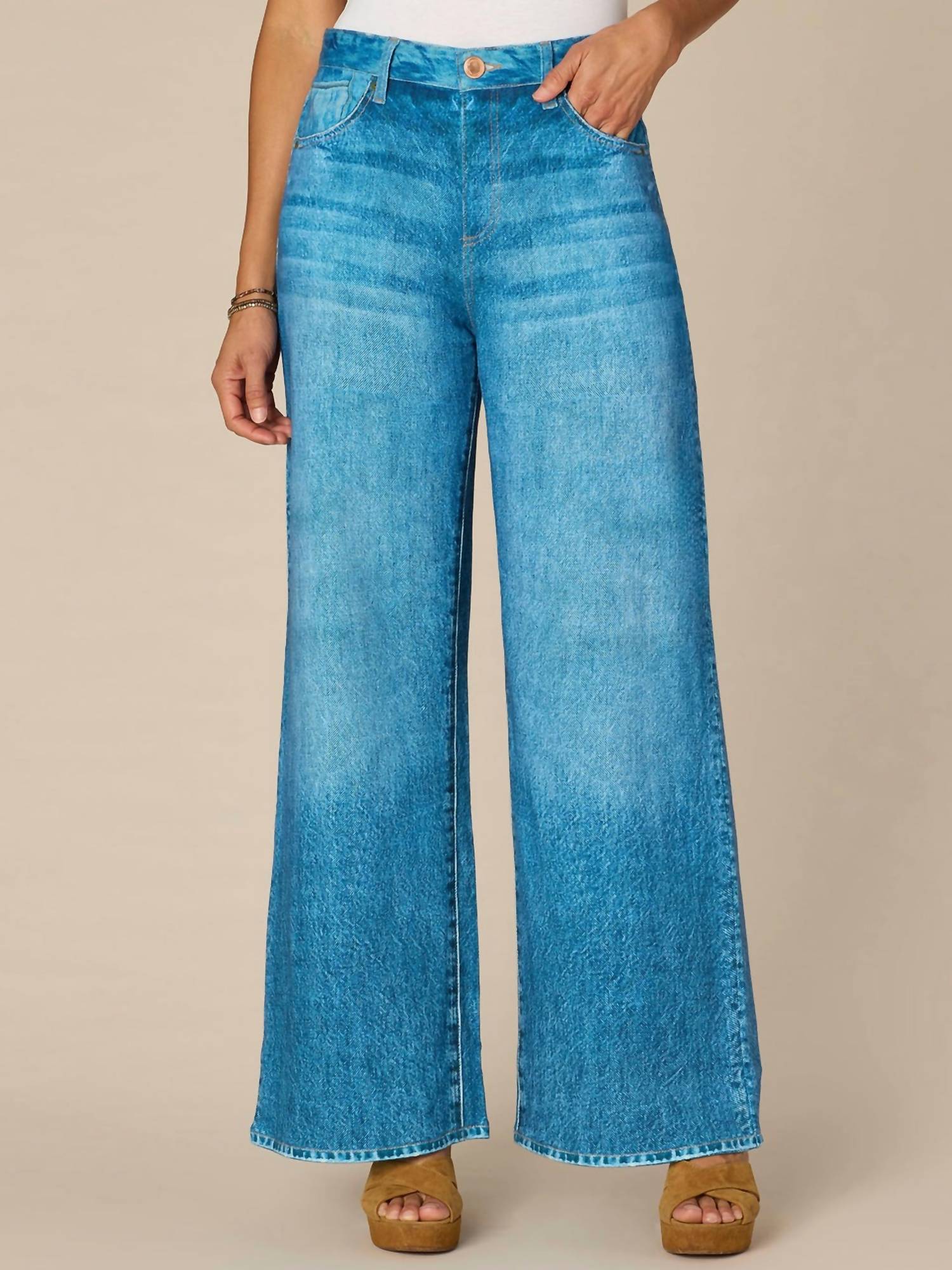 Democracy Skyrise French Terry Printed Wide Leg Pants in blue - women's pants