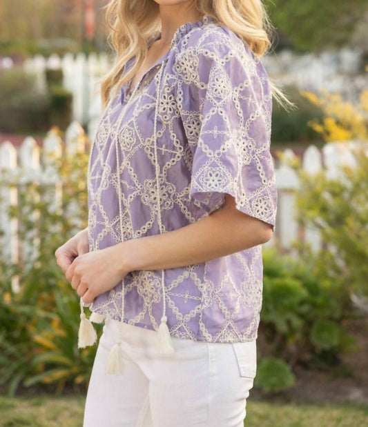 Voy - Embroidered Eyelet Tassel Top
