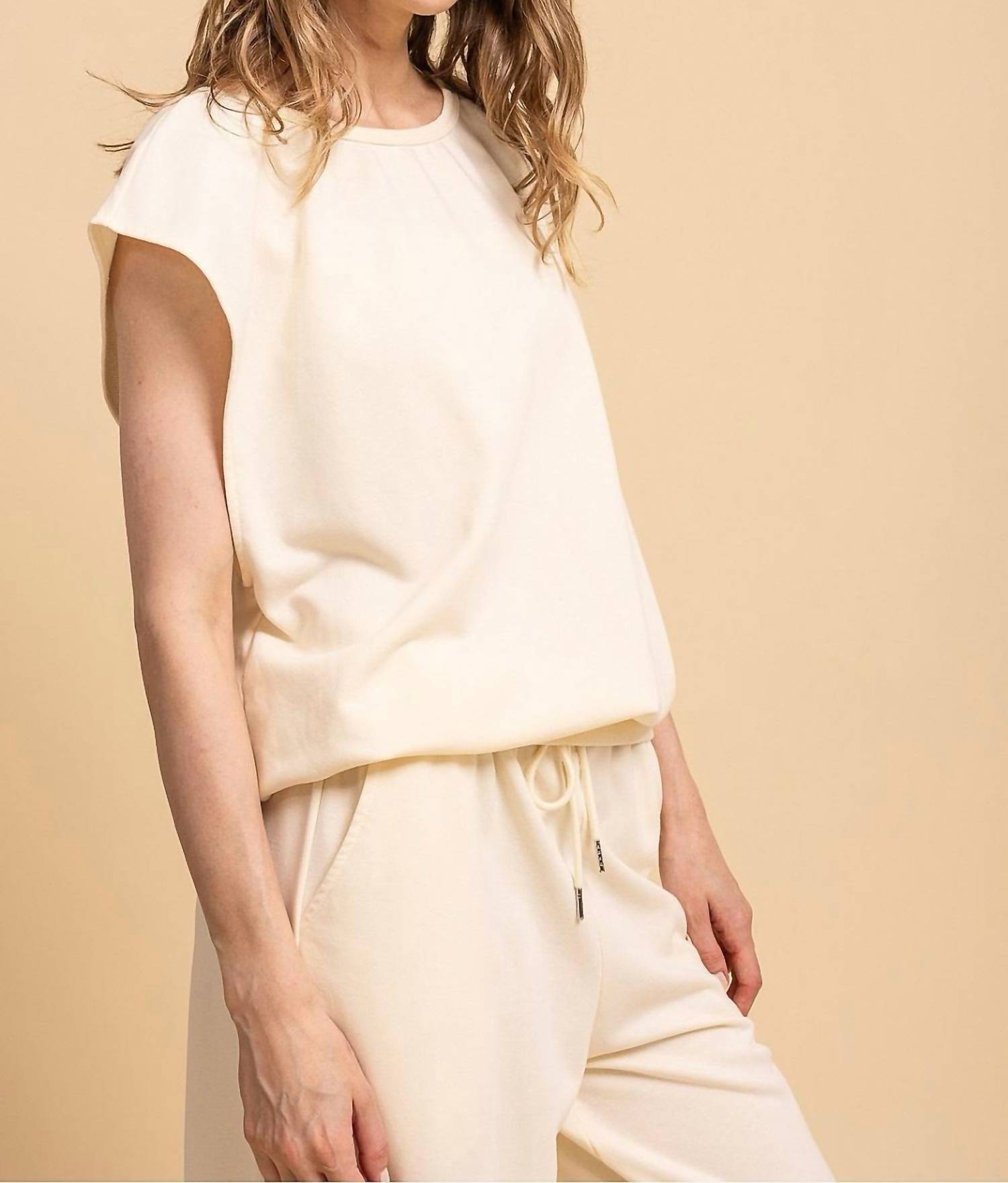 Blue Velvet Open Back Sleeveless Jogger Set in ivory - women's tank top - detail view