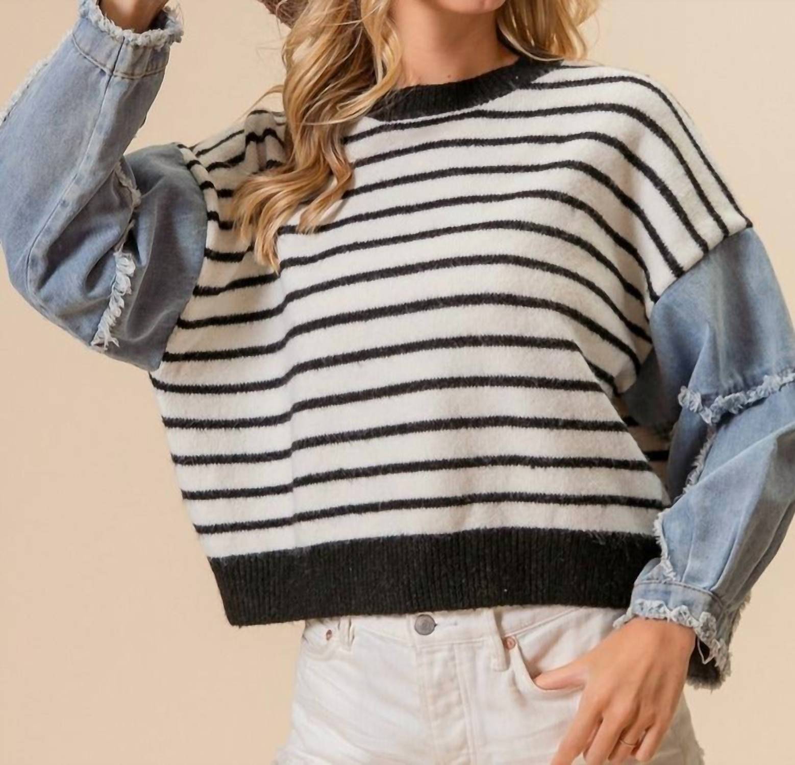 Bibi - Denim Sleeves Striped Sweater