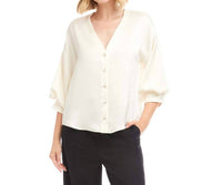 Karen Kane Lantern Sleeve Crystal Rhinestone Button Satin Top in cream - women's blouse