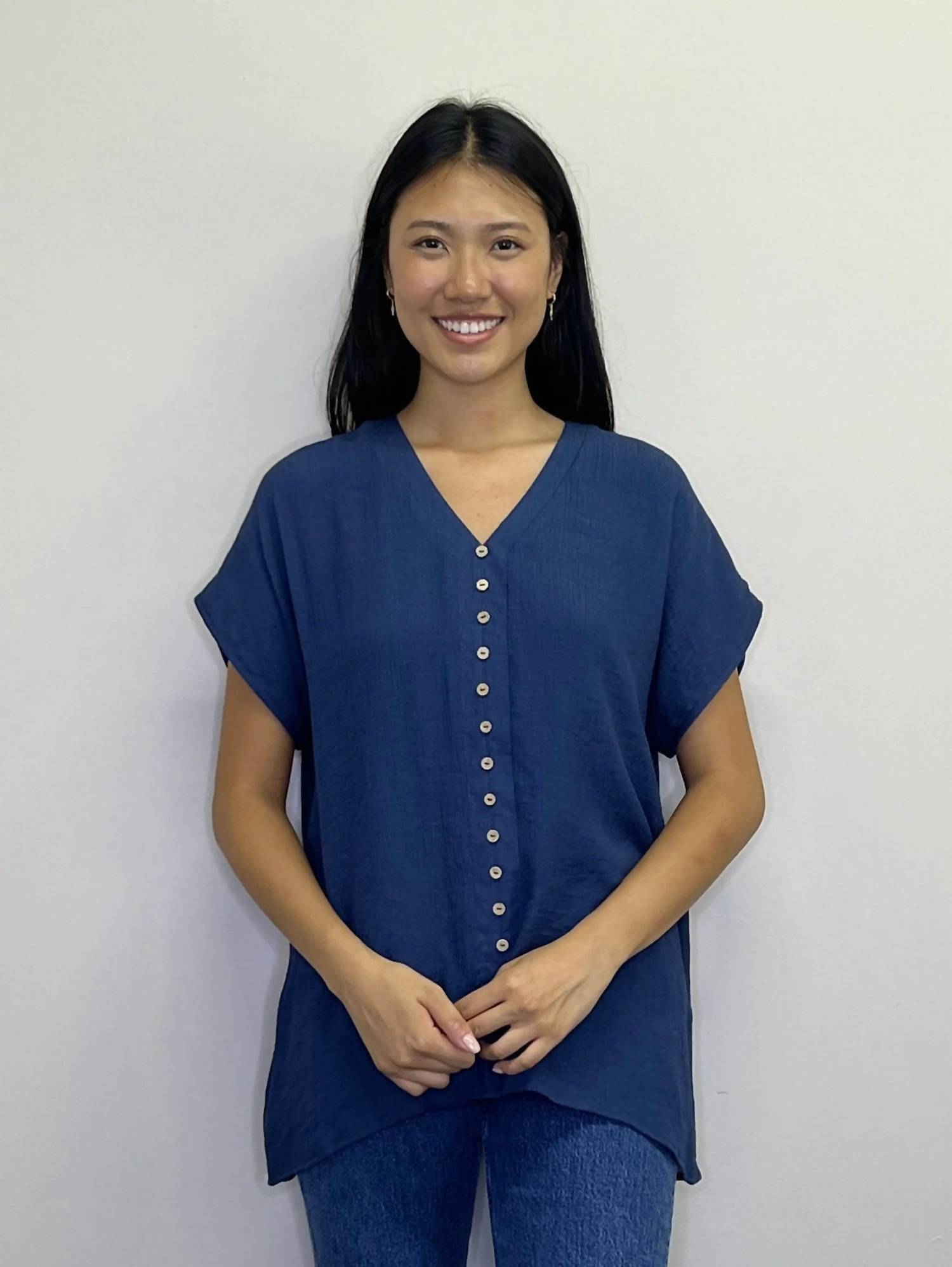 Papillon - V-Neck Asymmetrical Crinkle Button Front Top