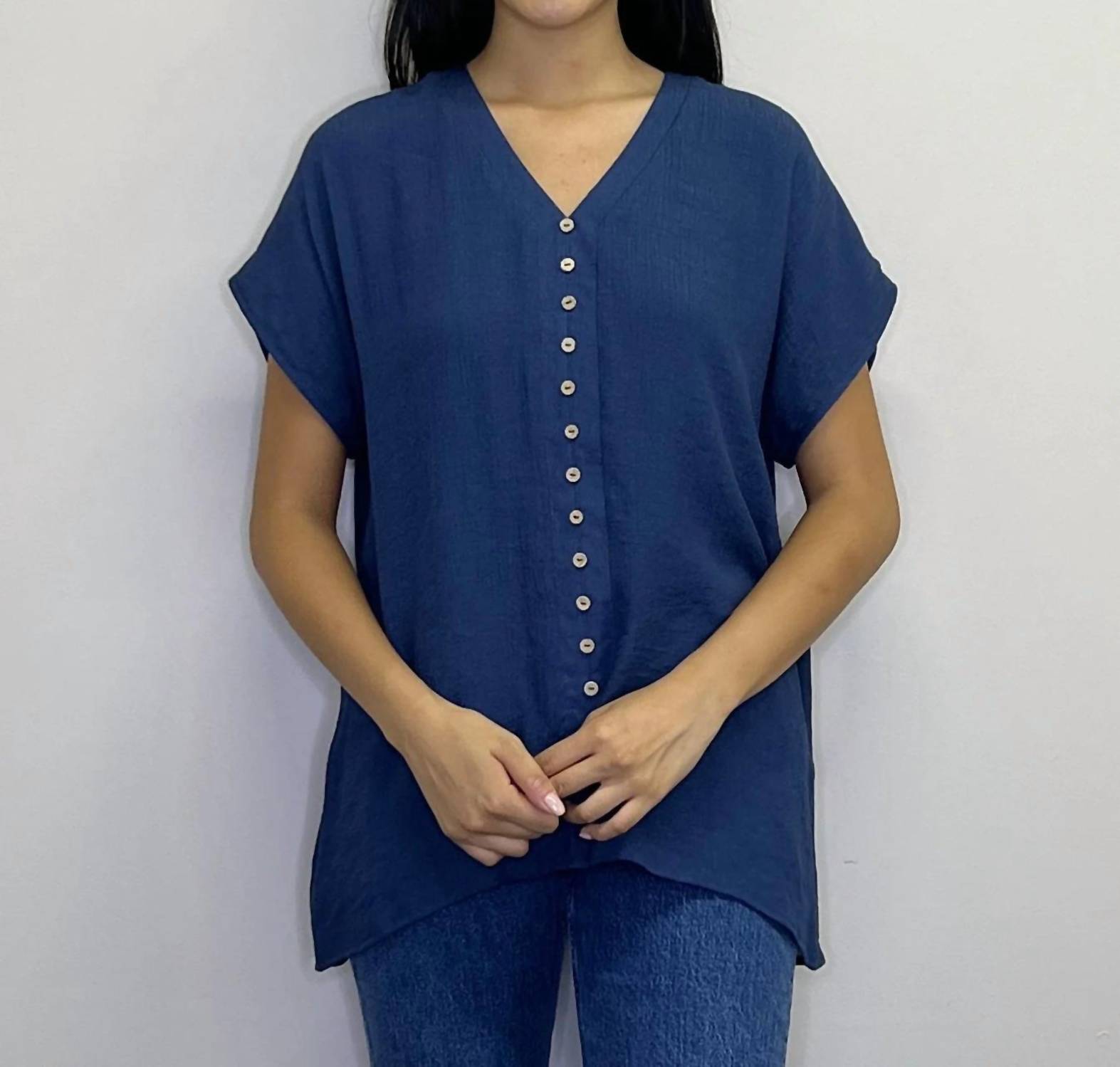 Papillon - V-Neck Asymmetrical Crinkle Button Front Top