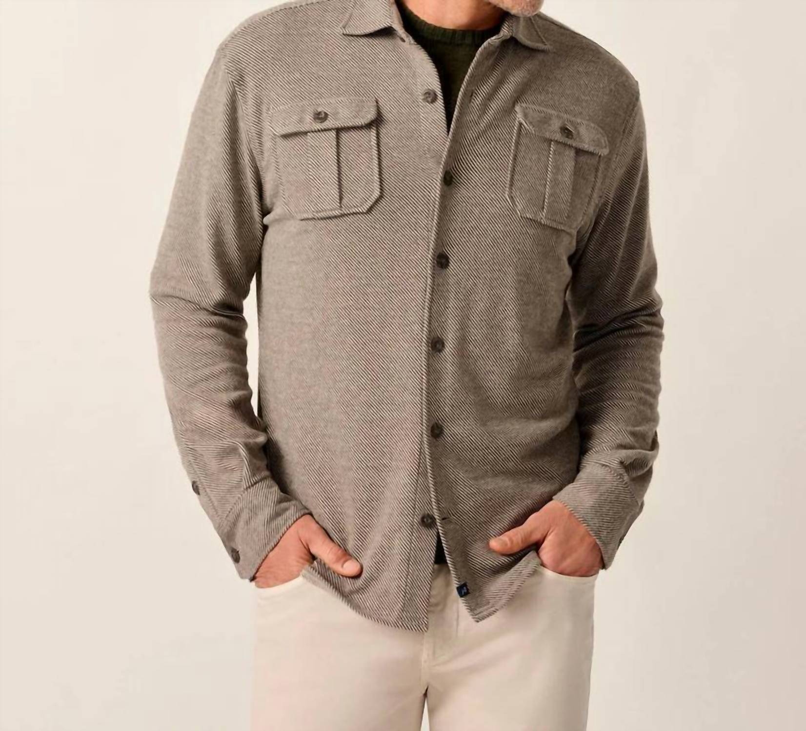 JOHNNIE-O Carl Stretch Knit Flannel Lodge Shirt in havana - men's shirt - detail view