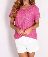 She + Sky - Short Sleeve V-neck Metallic Coated Sweater Top With Front Pocket