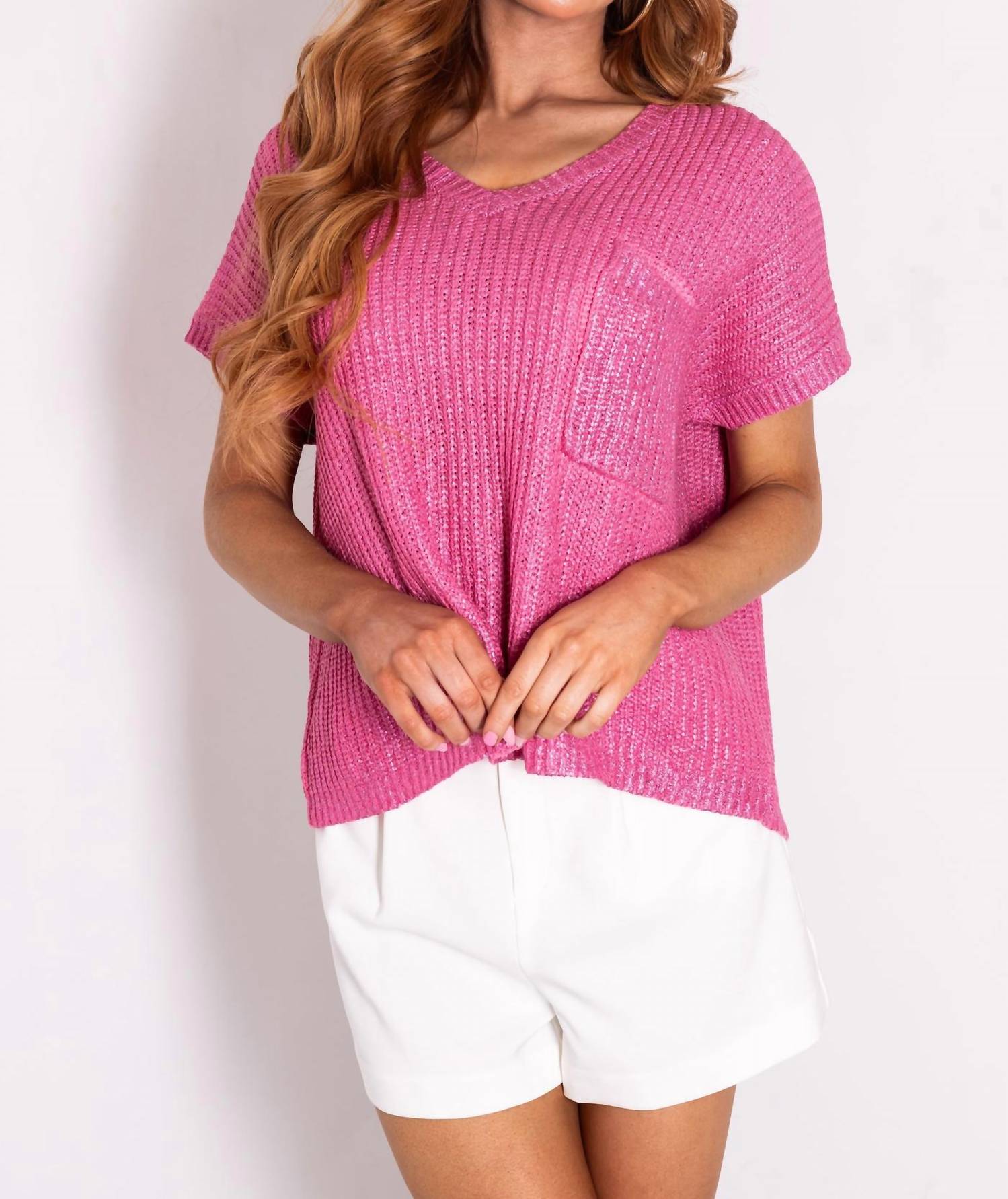 She + Sky - Short Sleeve V-neck Metallic Coated Sweater Top With Front Pocket