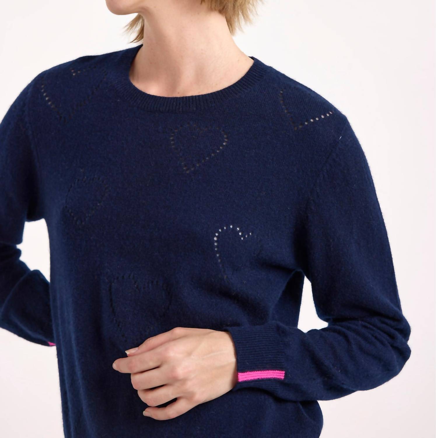 Brodie Cashmere Hilda Heart Pointelle Cashmere Crewneck Jumper in navy - women's sweater - view 4