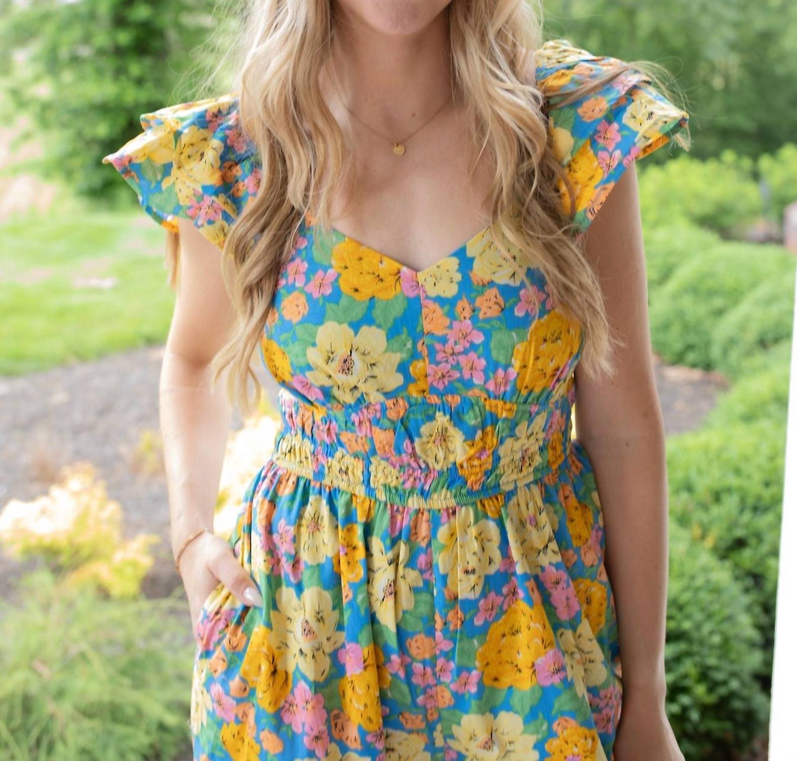 &merci Super Trouper Floral Jumpsuit in yellow blue - women's pants - detail view