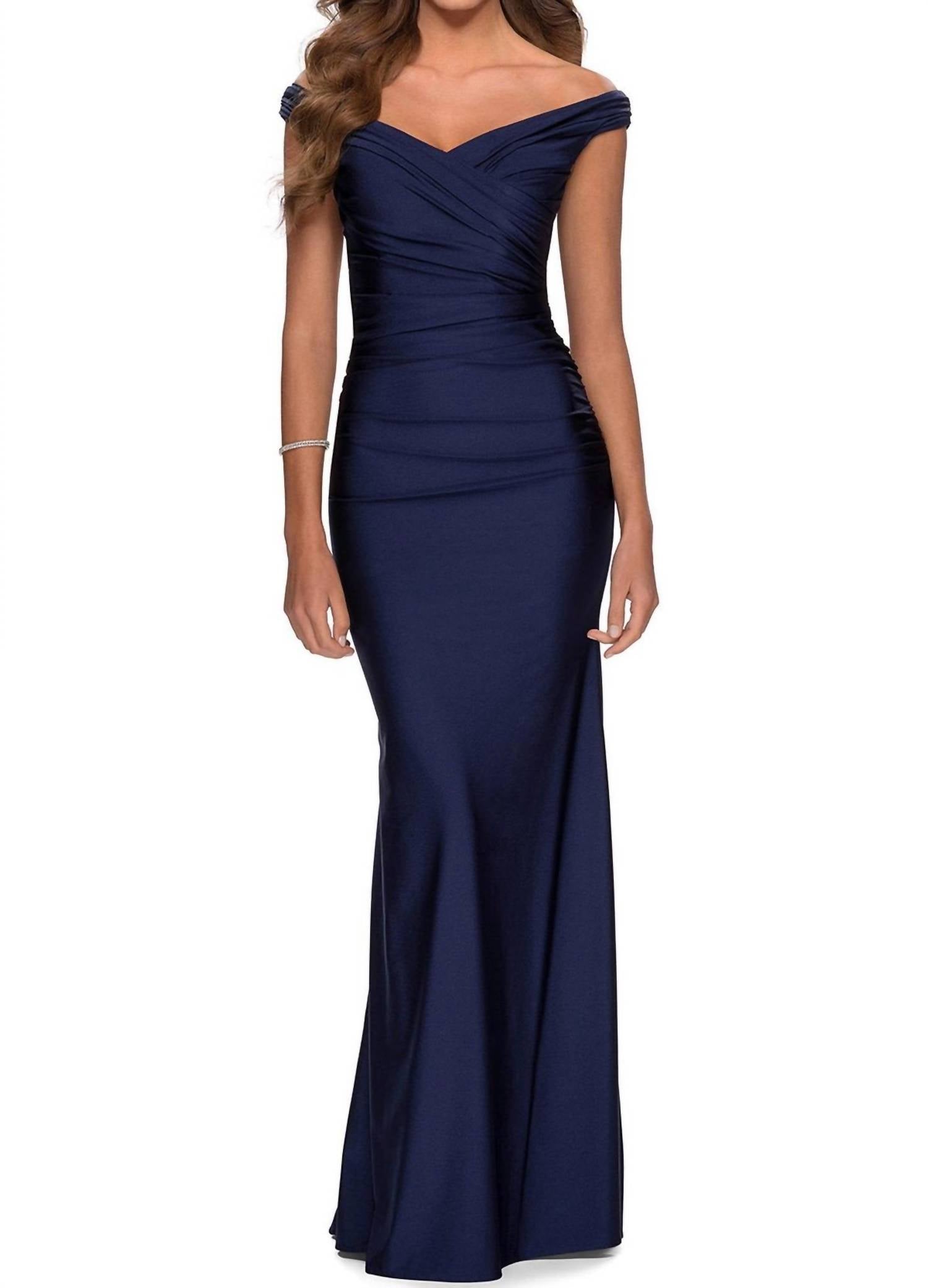 La Femme - Off Shoulder Ruched Jersey Gown