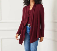 Karen Kane Long Sleeve Ribbed Drape Front Cardigan in wine - women's cardigan - view 6