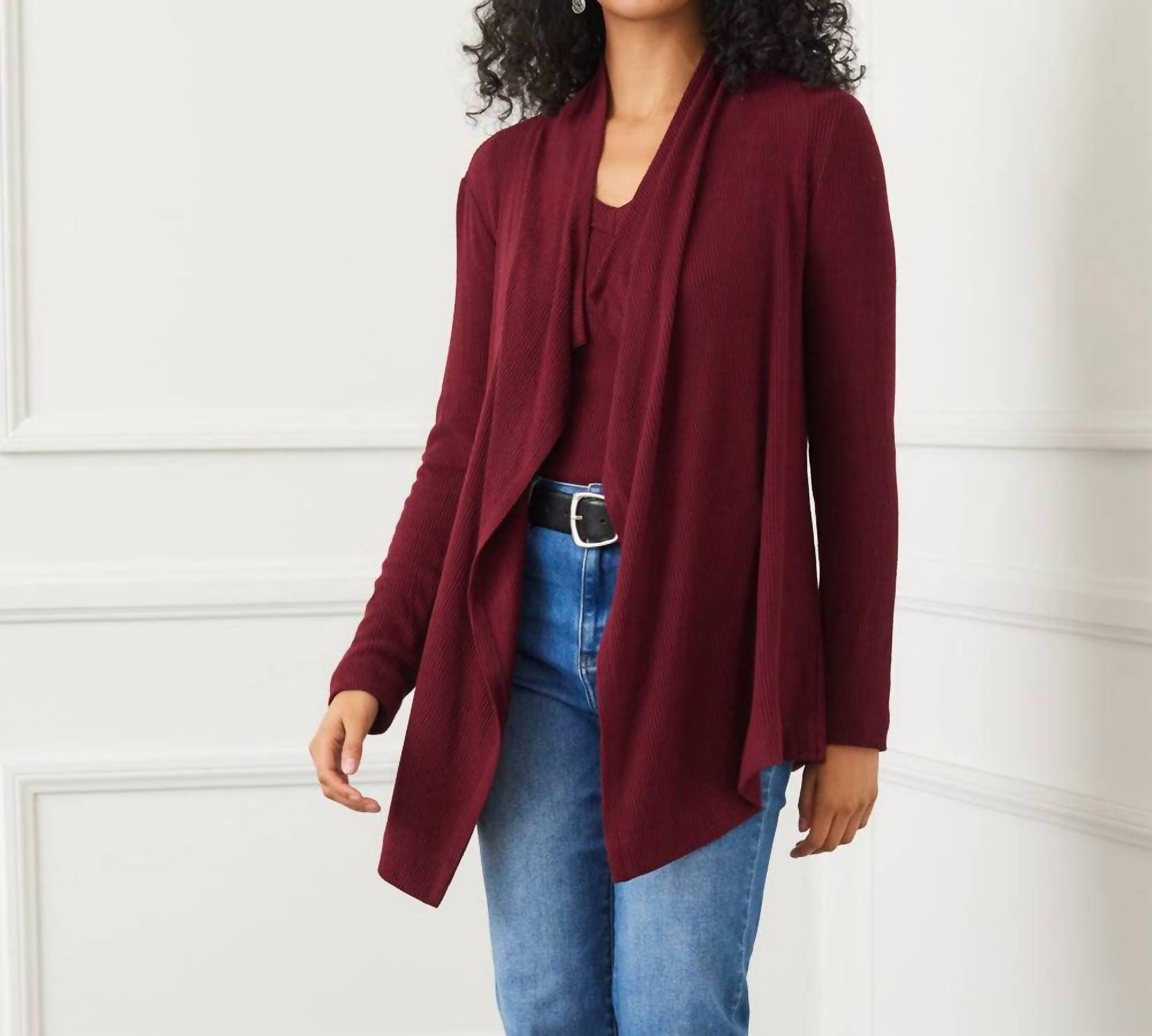 Karen Kane Long Sleeve Ribbed Drape Front Cardigan in wine - women's cardigan - view 6