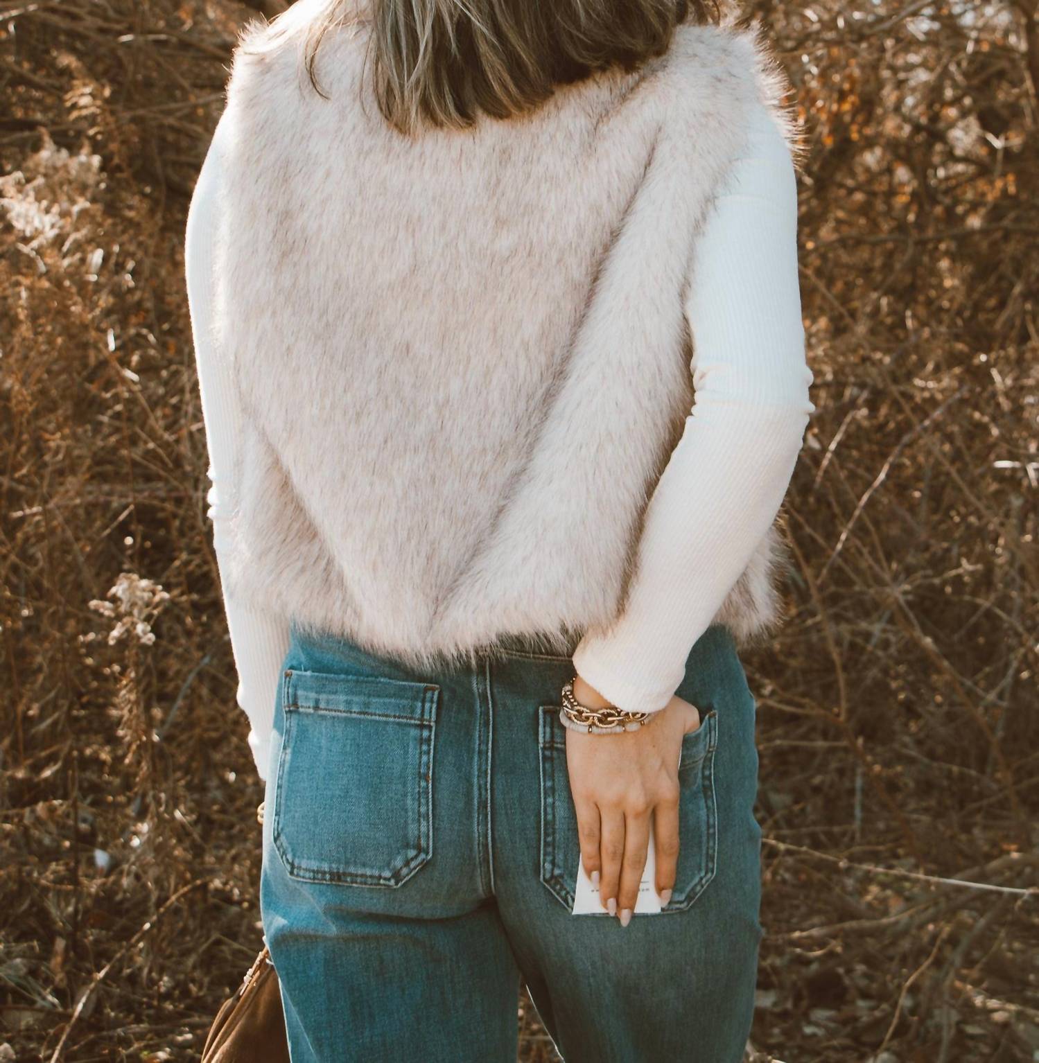 BUCKETLIST Fireside Faux Fur Vest in cream - women's jacket - detail view