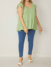 entro Tiered Ruffle Babydoll Top in sage - women's shirt - view 6
