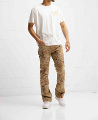 Amicci Franco Camo Shredded Denim Flare Jeans in sand - men's jeans