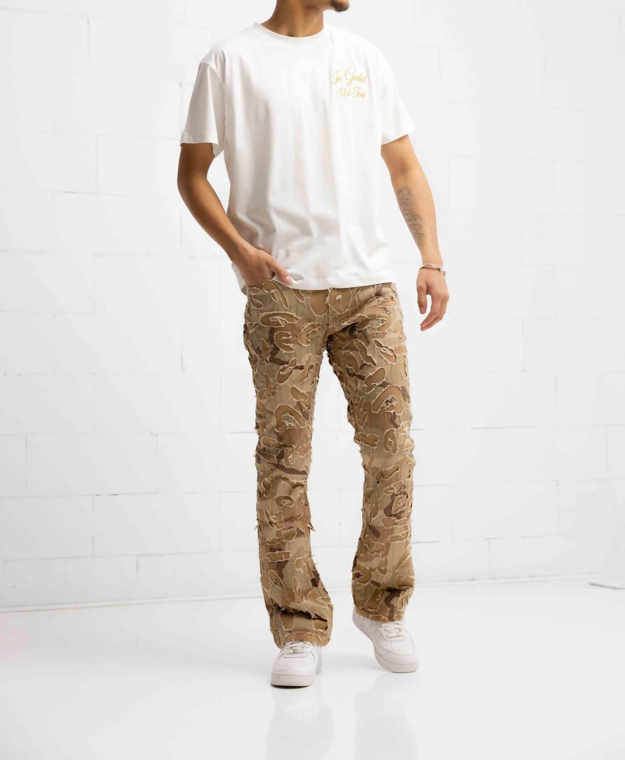 Amicci Franco Camo Shredded Denim Flare Jeans in sand - men's jeans