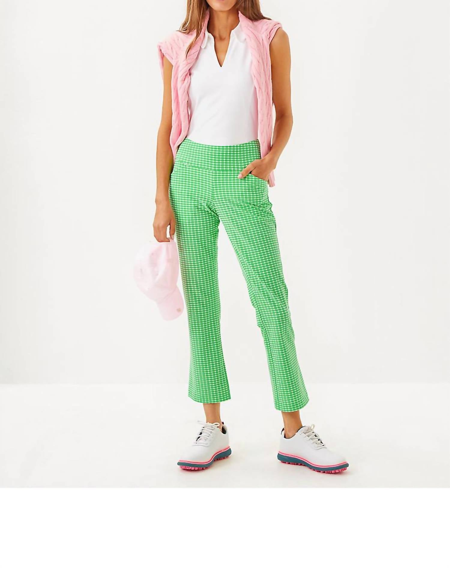 Lilly Pulitzer Upf 50+ Luxletic 28" Corso Kick Flare Pant in fauna green performance gingham - women's jeans - detail view