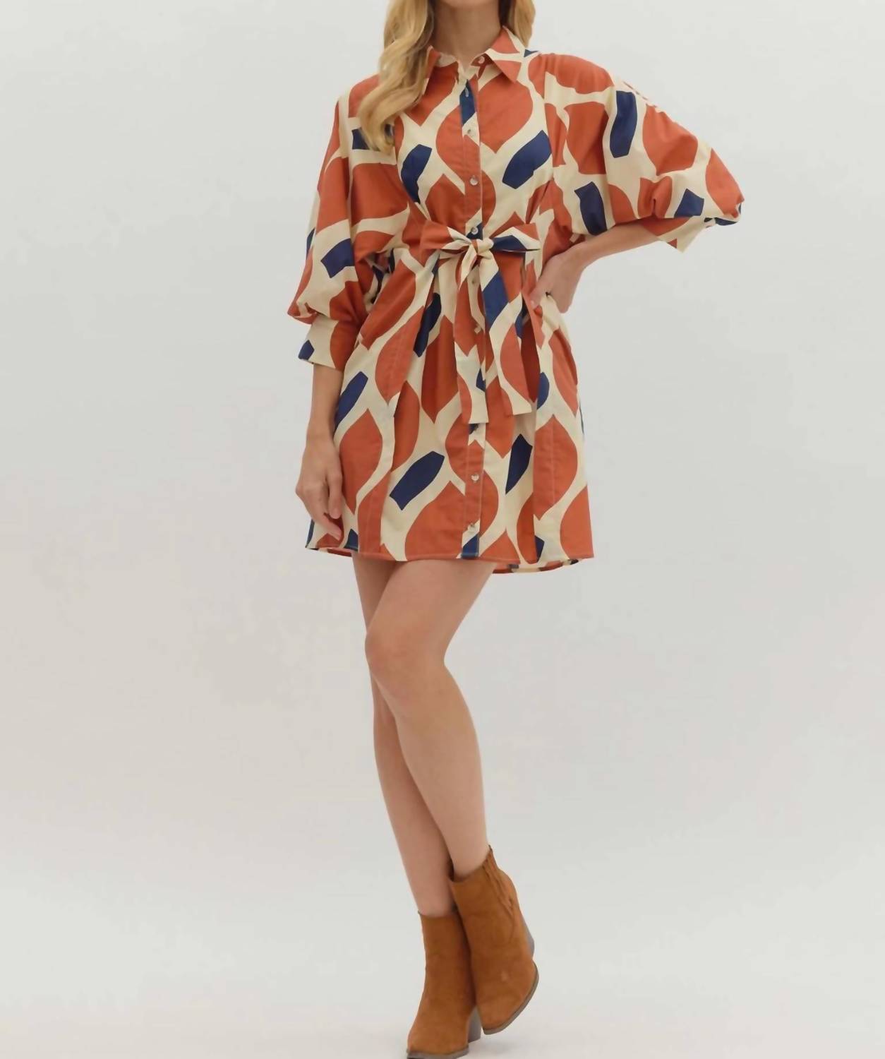 Entro - Women's Abstract Print Self Tie Shirt Dress
