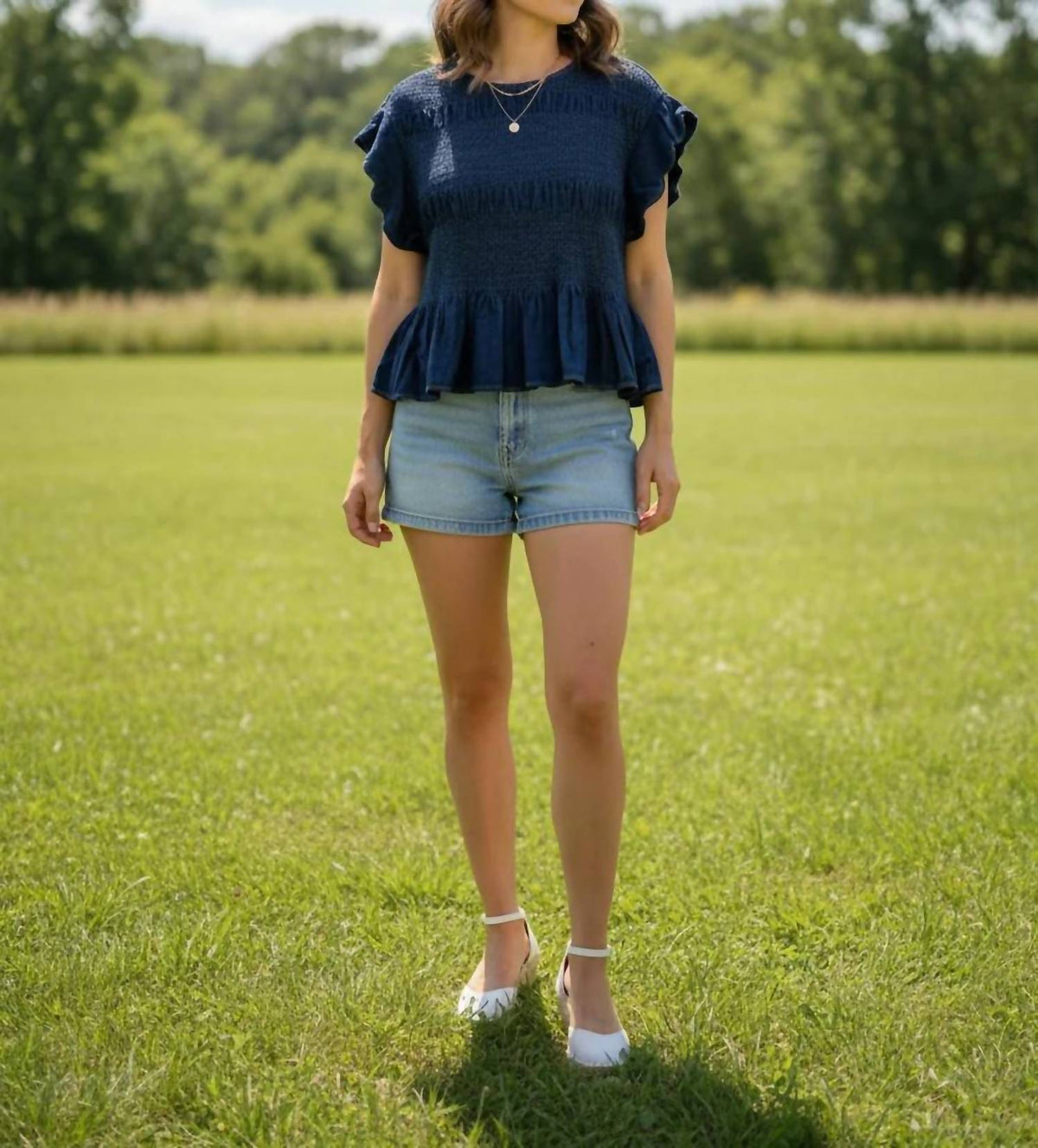 Umgee - Chambray Scalloped Sleeve Smocked Top