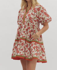 Entro - Floral Print Short Bubble Sleeve Mini Dress