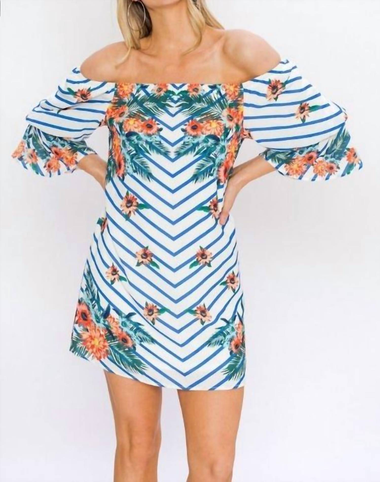 Jealous Tomato - Chevron Stripes Floral Shift Dress