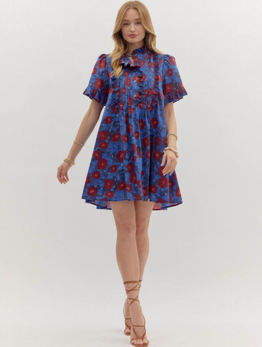 Entro - Crimson And Cobalt Floral Pintuck Mini Dress