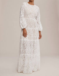 DRESS THE POPULATION Lyra Puff-sleeve Tiered Embroidered Gown in white - women's dress