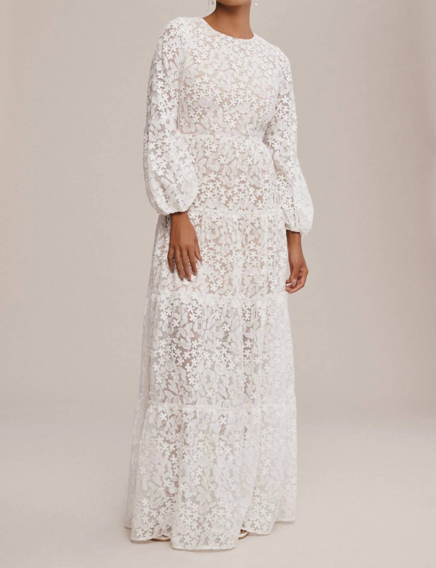 DRESS THE POPULATION Lyra Puff-sleeve Tiered Embroidered Gown in white - women's dress