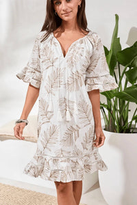 Tribal - Textured Eyelet Flutter Sleeves Midi Dress