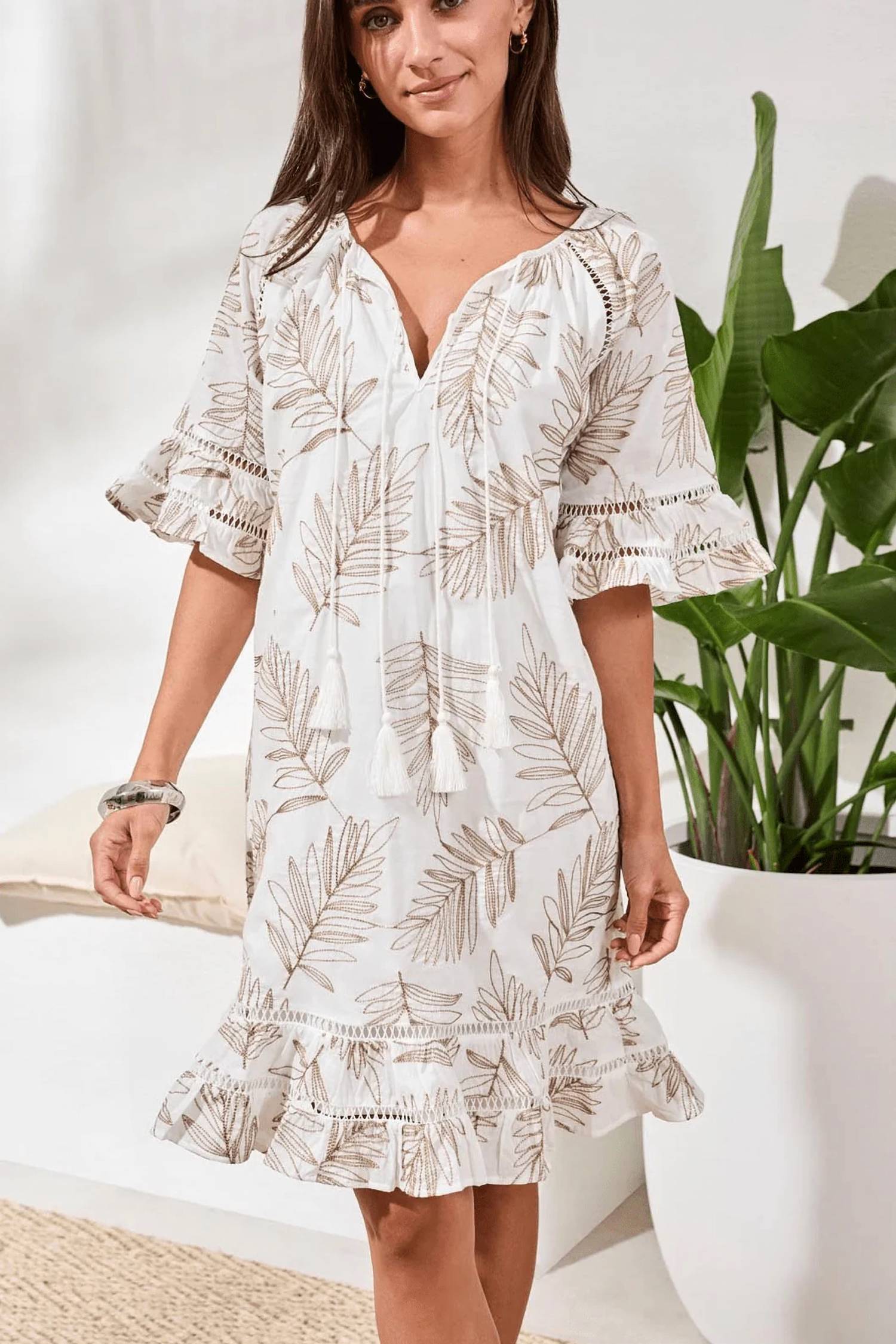 Tribal - Textured Eyelet Flutter Sleeves Midi Dress