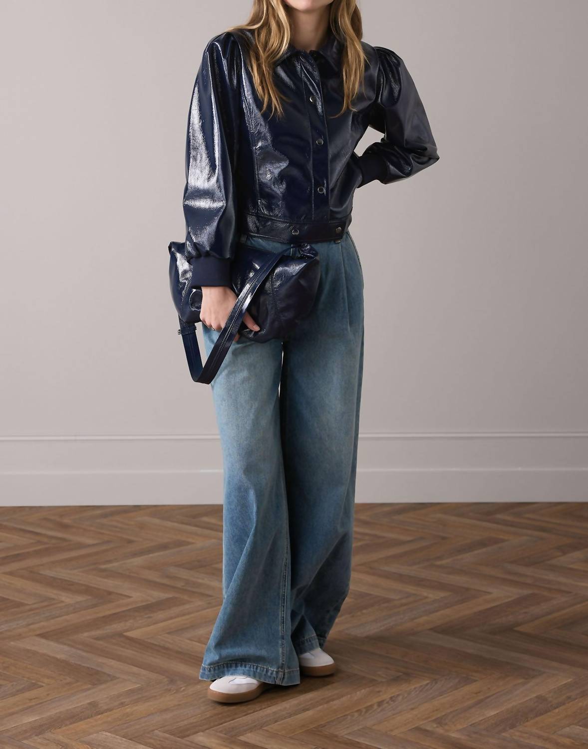 Summum - Patent Crop Jacket With Puff Sleeves