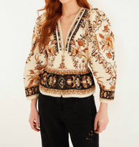 FARM RIO Lace Puff Sleeve Blouse in majestic garden sand - women's blouse