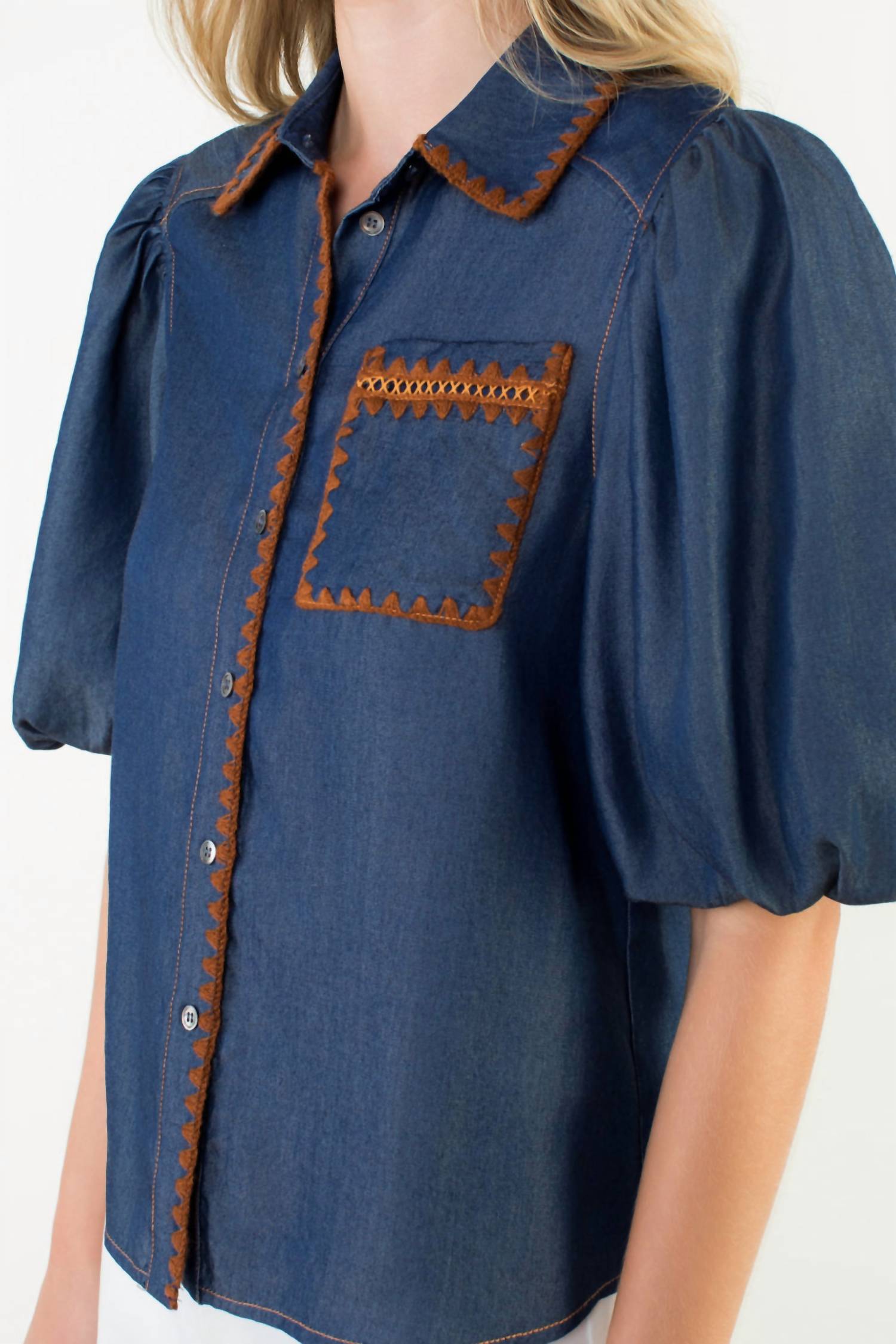 THML Puff Sleeve Denim Button Up Top in blue - women's shirt - view 5
