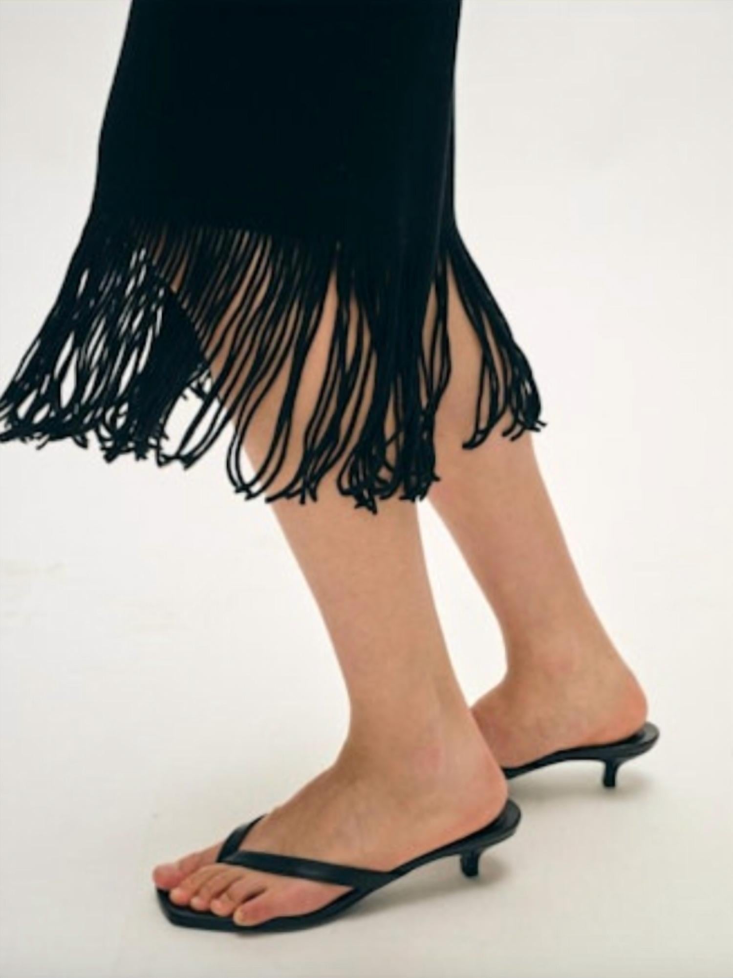White + Warren Fringe Ribbed Skirt in black - women's skirt - alternate view
