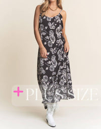 J.Nna - Floral Print Plisse Spaghetti Maxi Dress - Plus