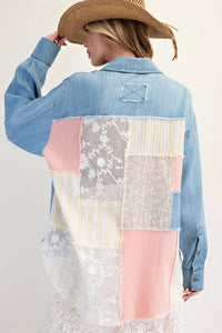 Easel - Mixed Patchwork Washed Chambray Button Down Shirt