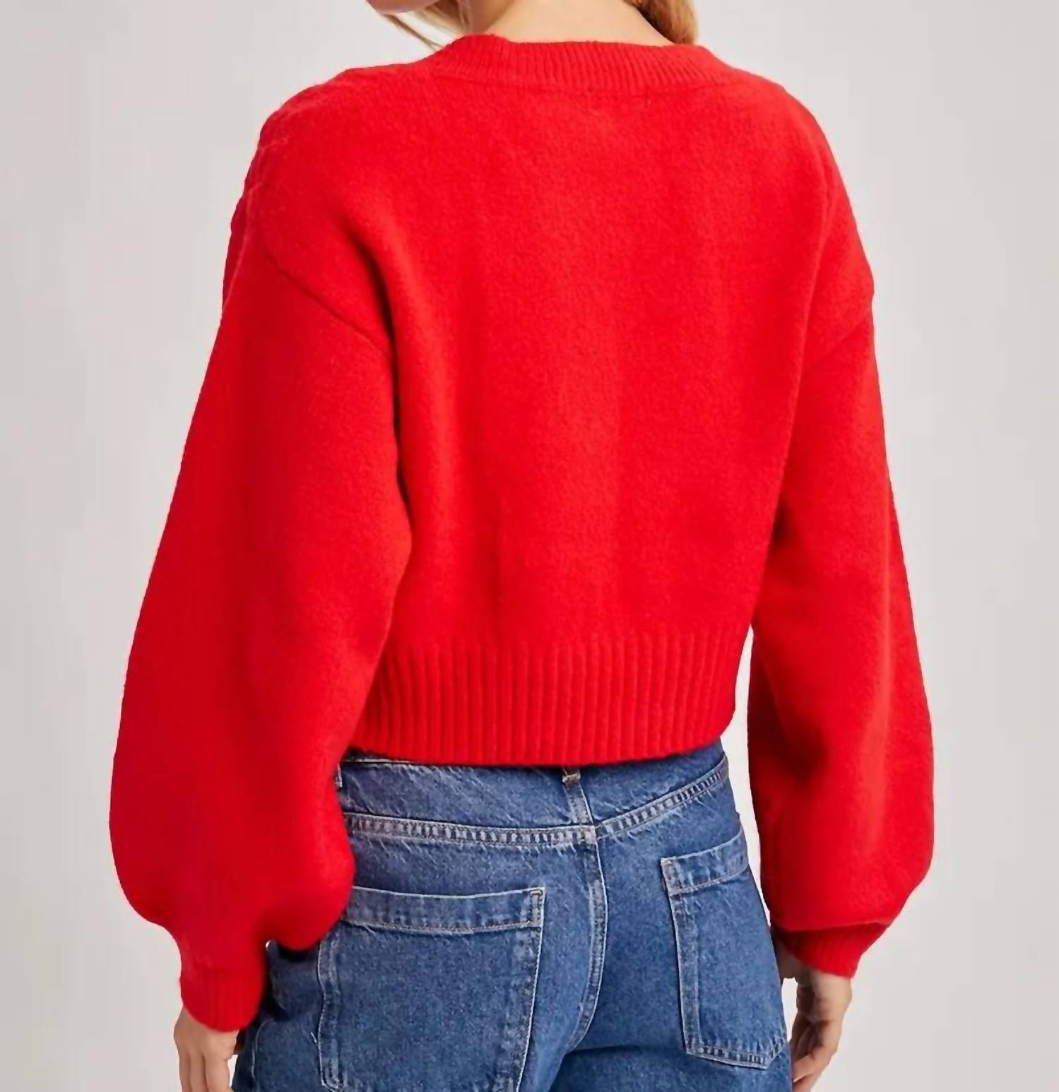 BluIvy Cropped V-Neck Cable Knit Sweater in ruby - women's cardigan - detail view