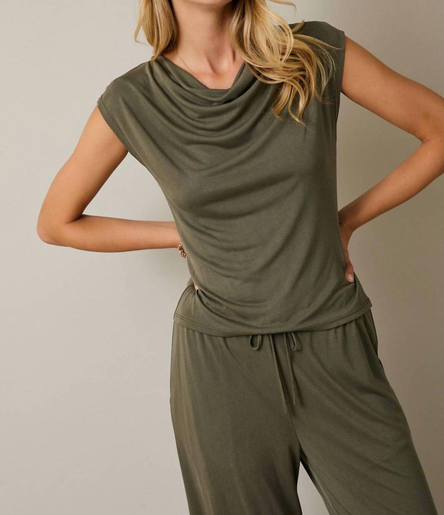 GILLI Cowl Neck Cap Sleeve Top in olive - women's blouse - view 4