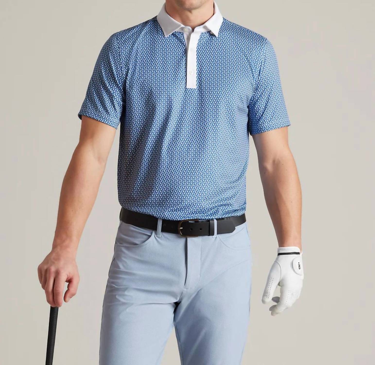 RHONE Golf Sport Polo in sapphire blue arctic blue white geo - men's shirt