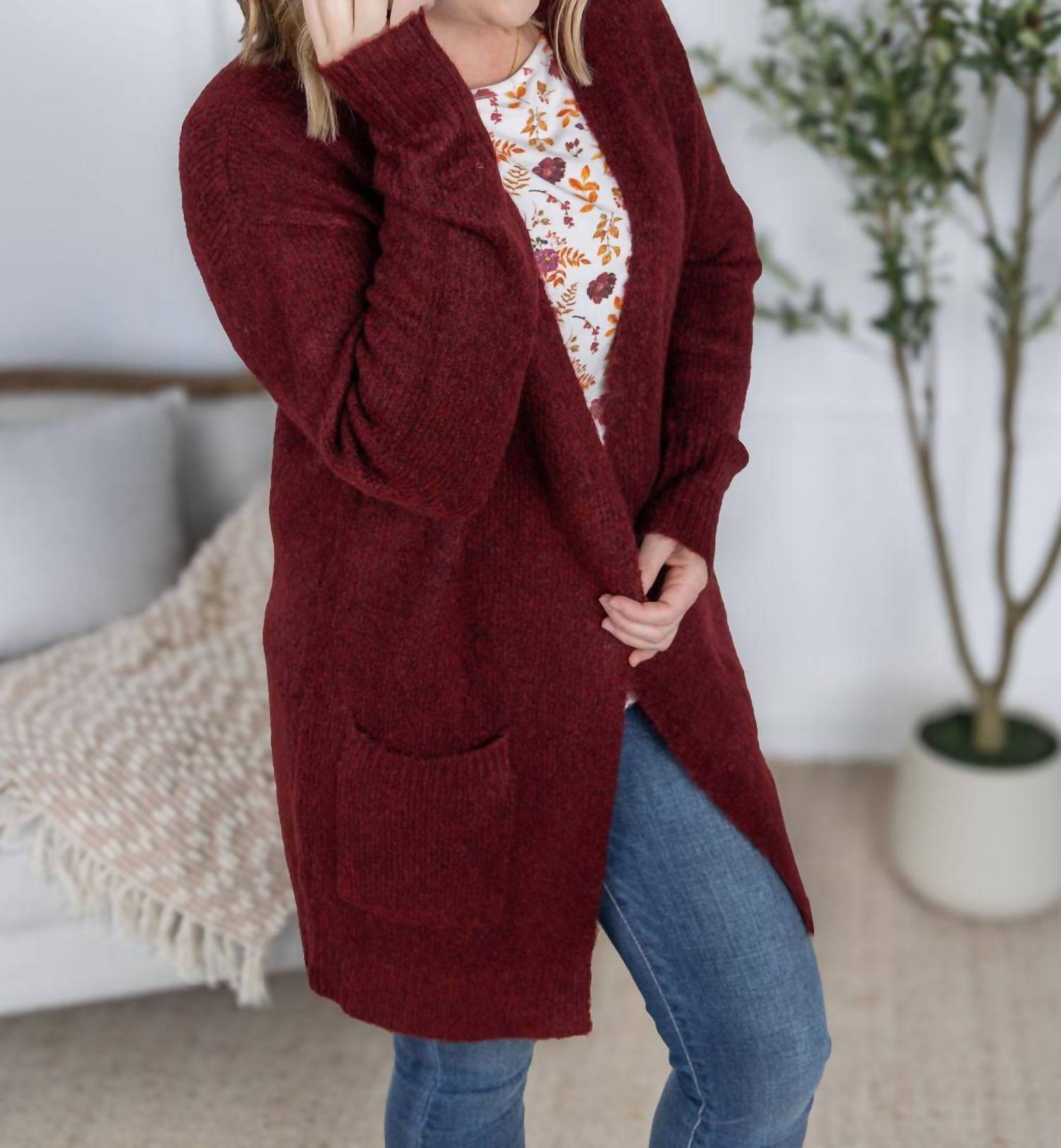 Michelle Mae Madison Cozy Cardigan in burgundy - women's cardigan - alternate view