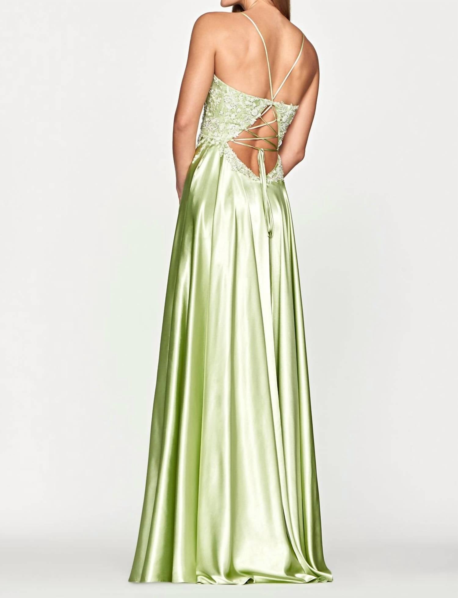 FAVIANA Beaded Bodice A-line Gown in celery - women's dress - detail view