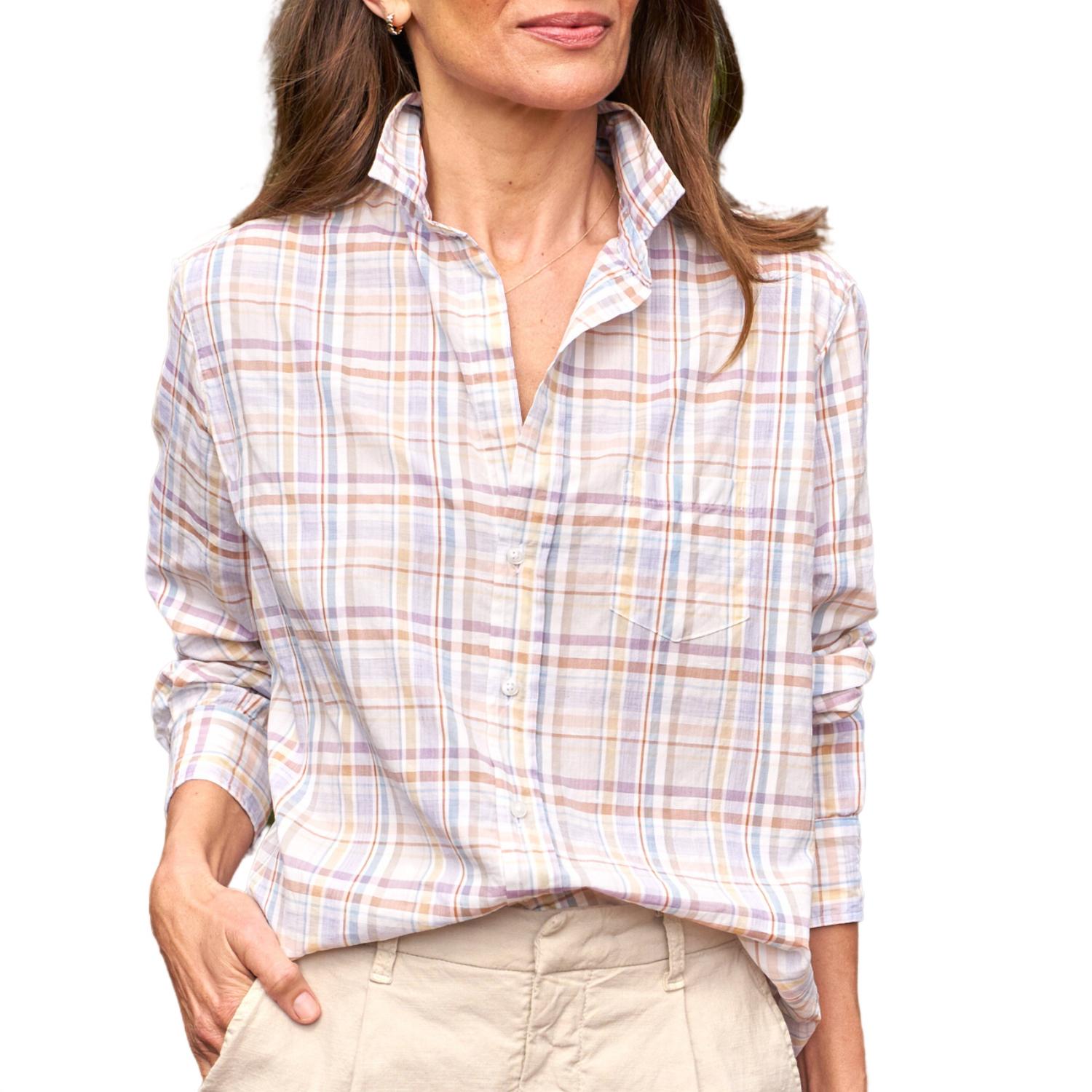 Frank & Eileen Women's Eileen Button Down Shirt in italian cotton sand grey purple plaid - women's shirt
