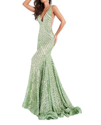 Jovani - Low V Neck Sequin Sheath Dress