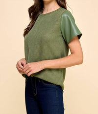 Les Amis - Knit Solid Top With Faux Leather Sleeves