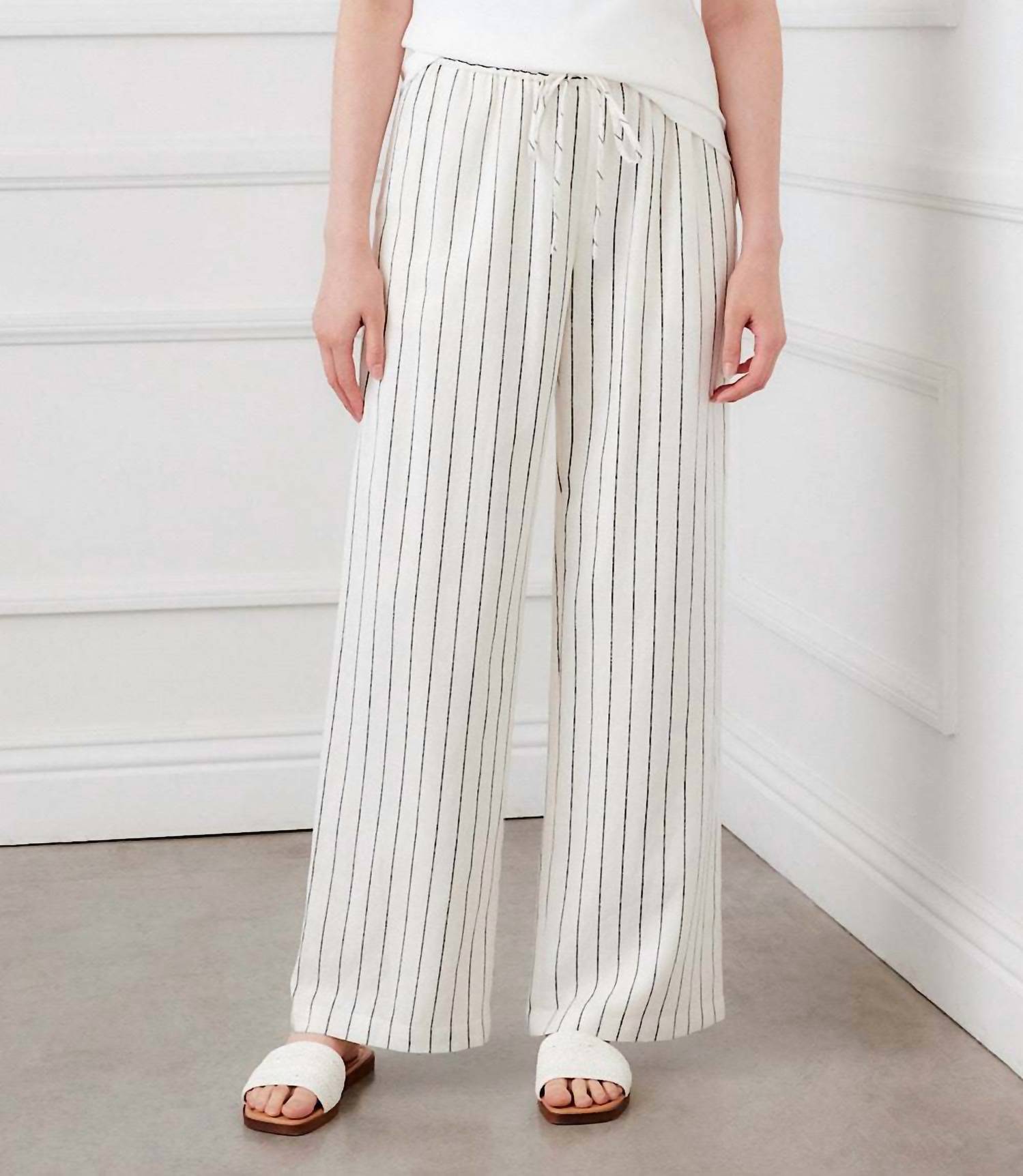 Karen Kane Linen Blend Stripe Drawstring Pants in cream and black - women's pants - view 4