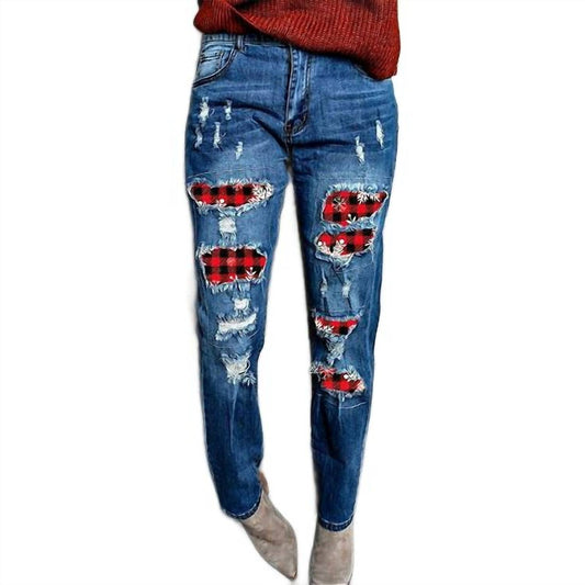 Distressed Jeans with Buffalo Plaid Patches