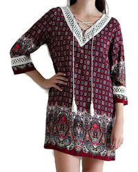 Entro - Border Print Tassel Tie Mini Dress