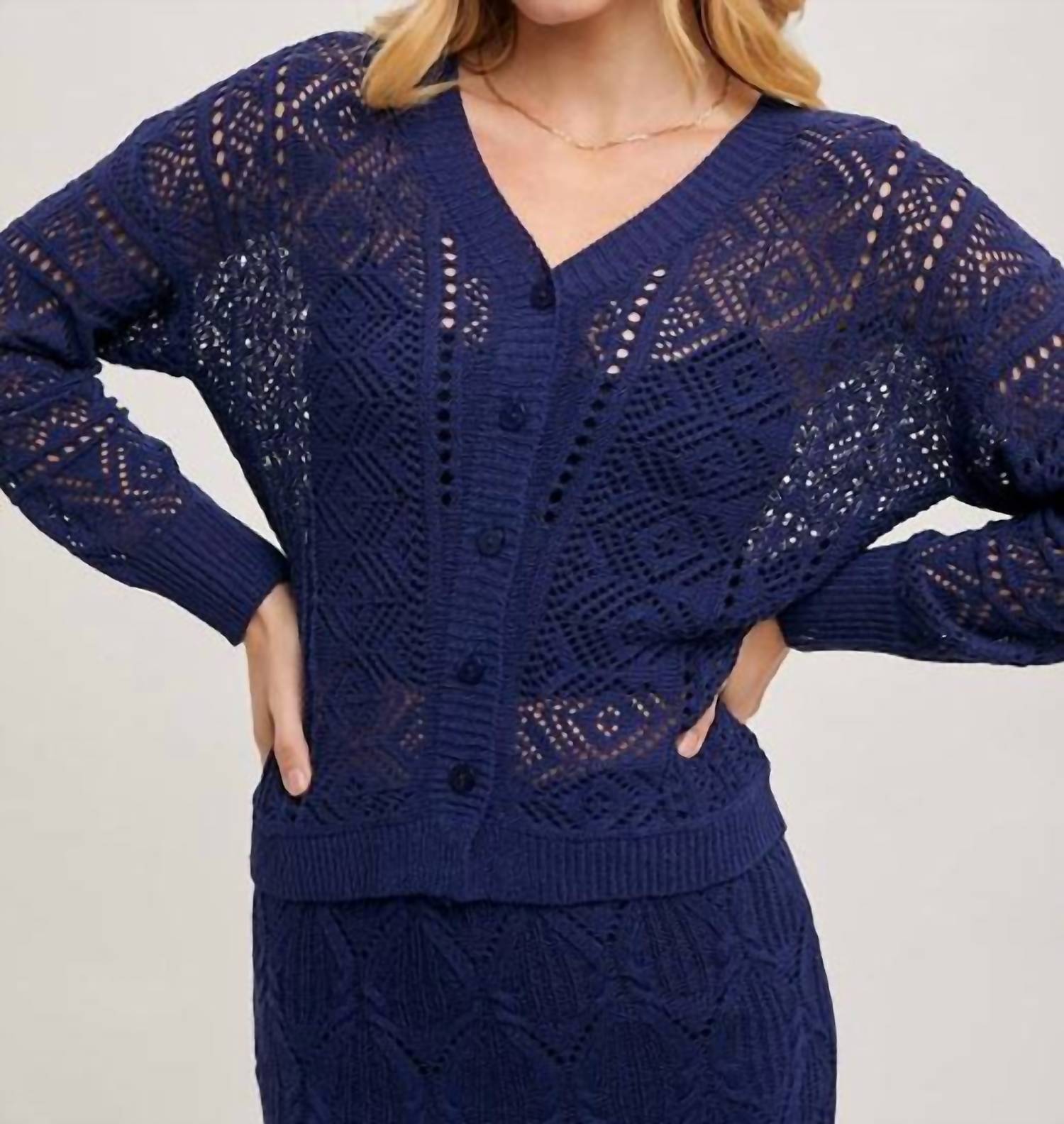 Bluivy - C02677-OPEN KNIT BUTTON DOWN V-NECK CARDIGAN