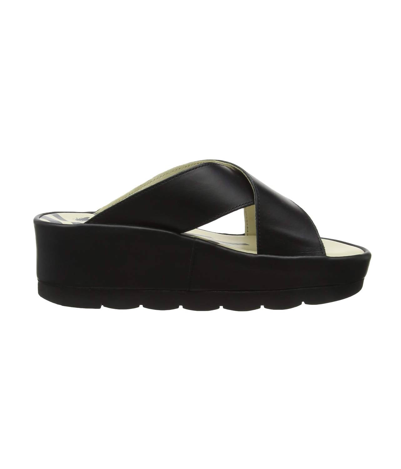 FLY LONDON Women's Begs Slide Sandal in black - women's sandal - detail view